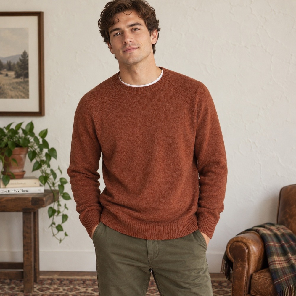 J.Crew Mens Lambswool Blend Crewneck Sweater XL Rust Brown Classic Preppy Fall